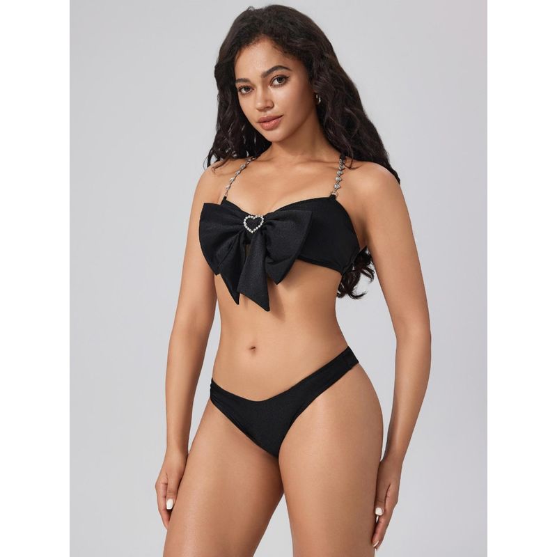 Cider Rhinestone Chain Bowknot Bikini Top And Bikini (Set of 2) (M)
