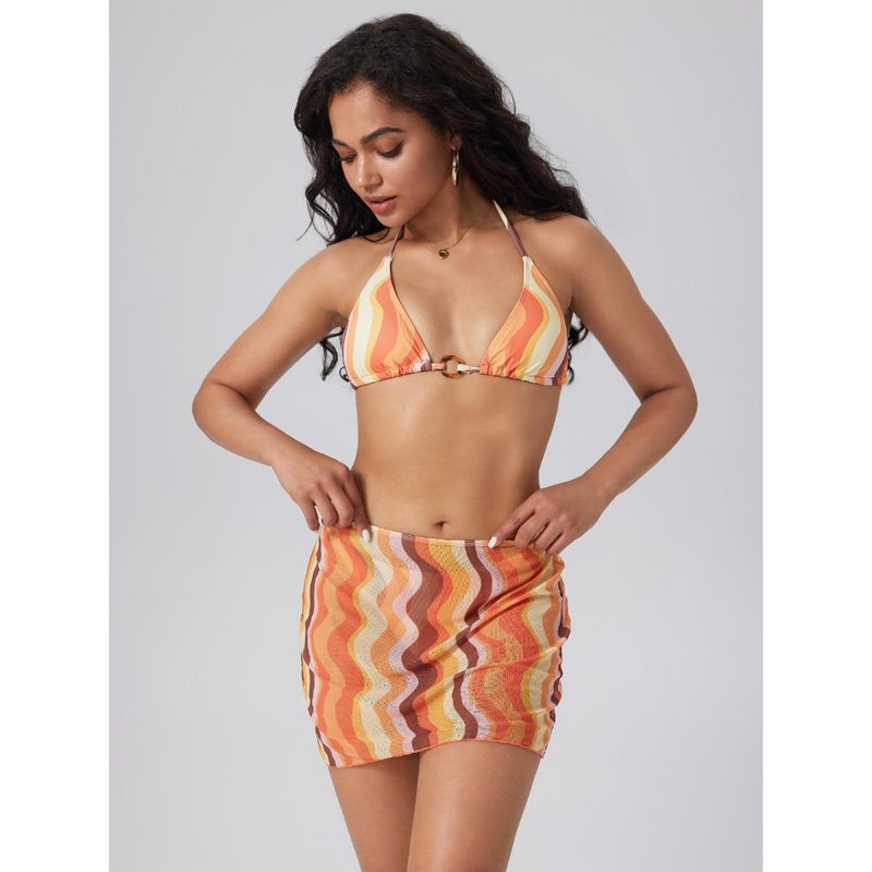 Cider Wave O-Ring Linked Bikini Top And Bikini With Sarong (Set of 3) (L)