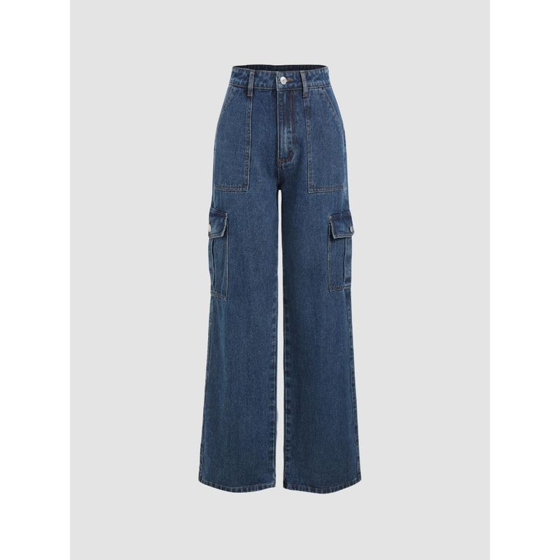 Cider Navy Blue Alessia Solid Cargo Jeans (M)