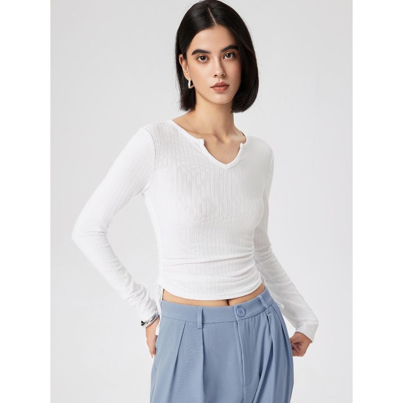 Cider White Round Neckline Drawstring Long Sleeve Tee (XS)