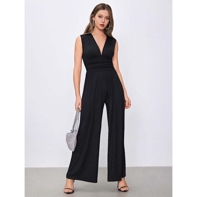 Cider Black V-Neck Ruched Solid Wide Leg Jumpsuit (S)