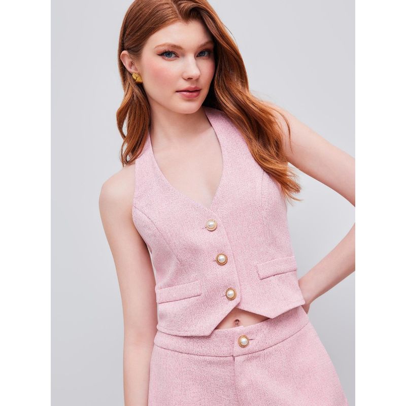 Cider Pink Woven Halter Pearl Button Crop Waist Coat (S)