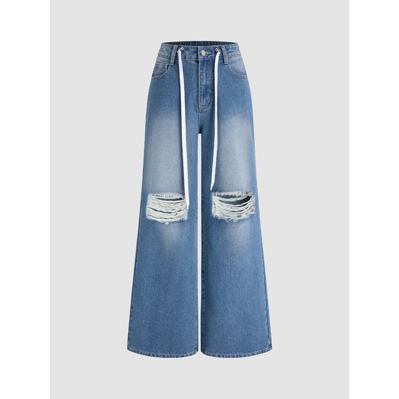Cider Denim Mid Rise Knotted Ripped Wide Leg Jeans (S)