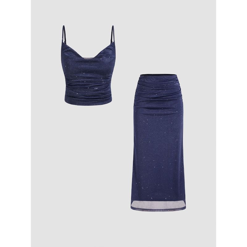 Cider Cowl Neck Sequin Crop Cami Top & Ruched Maxi Skirt (Set of 2) (XL)