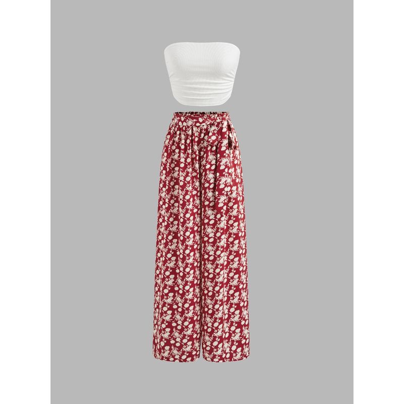Cider Strapless Solid Ruched Crop Top & Mid Rise Floral Knotted Wide Leg Trousers (Set of 2) (S)