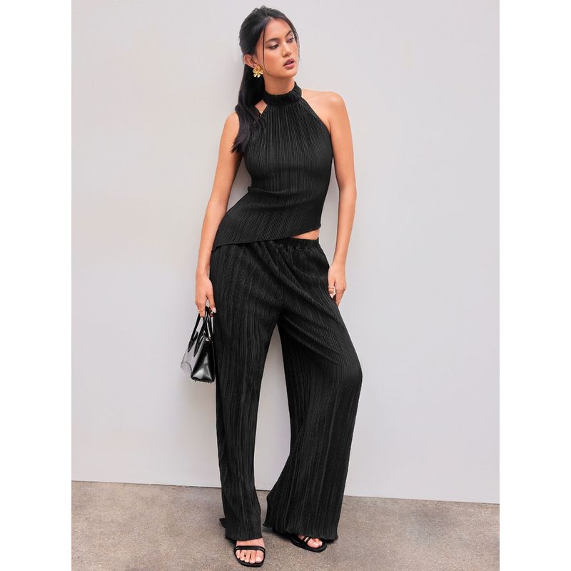 Cider Stand Collar Solid Asymmetrical Hem Top with Mid Rise Wide Leg Trousers (Set of 2) (S)