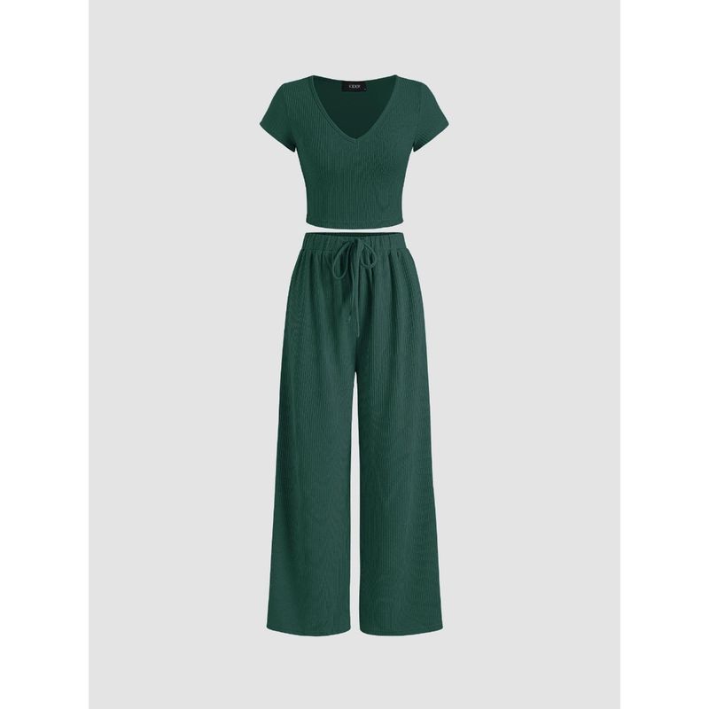 Cider Green V Neck Short Sleeve Knotted Wide Leg Co-Ord (Set of 2) (XS)