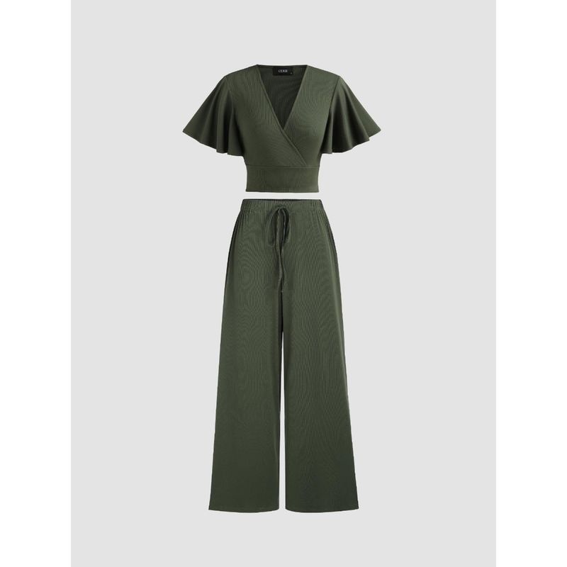 Cider Green V Neck Solid Ruched Crop Top with Matching Pant (Set of 2) (XS)