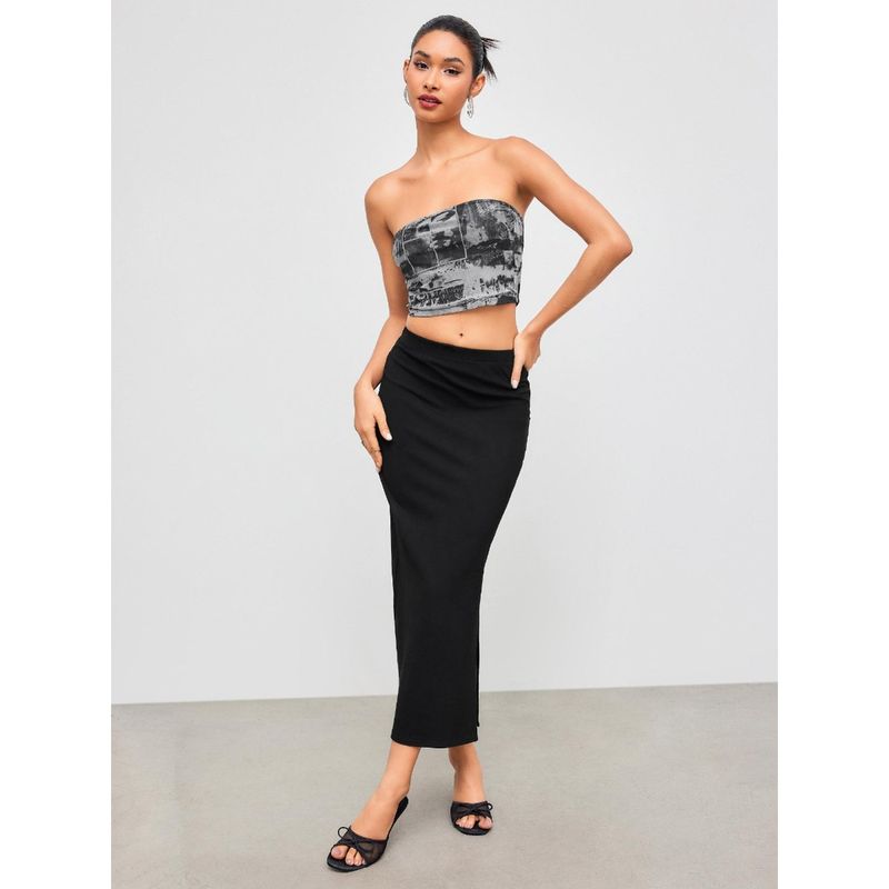 Cider Strapless Abstract Crop Tube Top & Solid Split Maxi Skirt (Set of 2) (M)