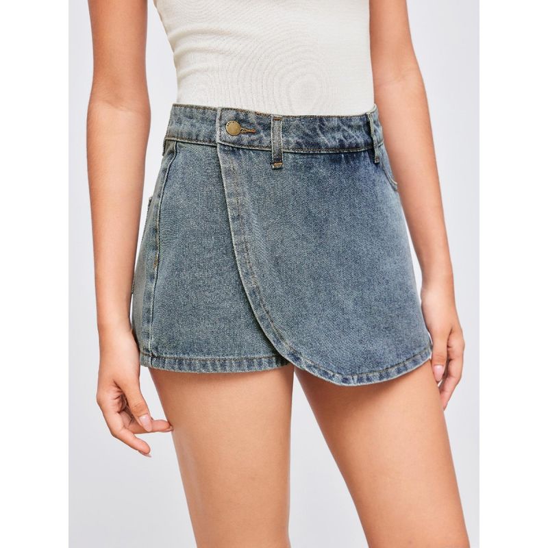 Cider Blue Denim Low Rise Solid Wrap Mini Skort (L)