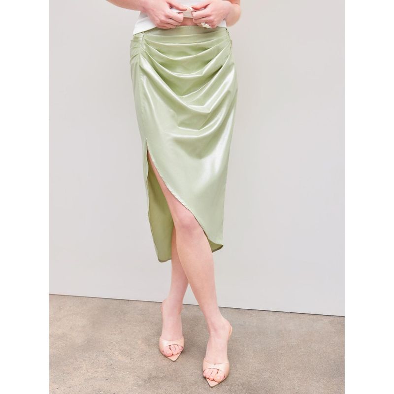 Cider Green Mid Rise Solid Ruched Split Midi Skirt (M)