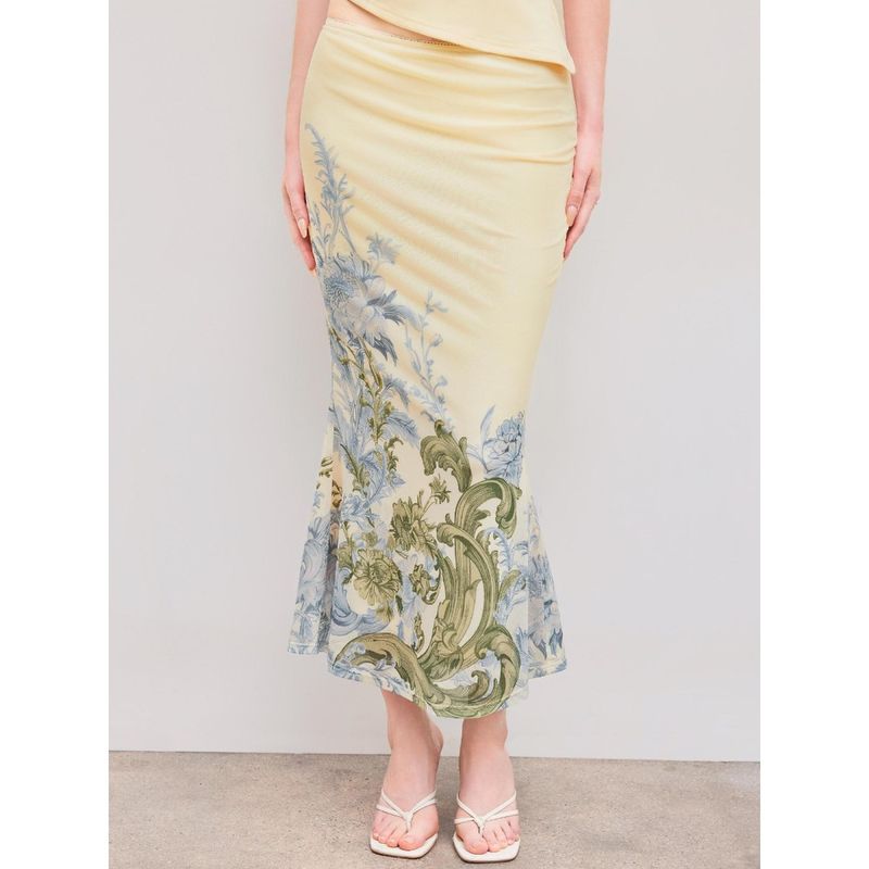 Cider Beige Mesh Mid Rise Floral Mermaid Maxi Skirt (S)