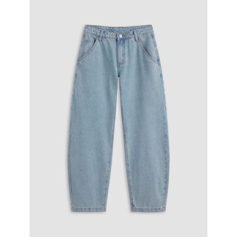 Cider Sky Blue Denim Low Rise Solid Pocket Barrel Leg Jeans (S)