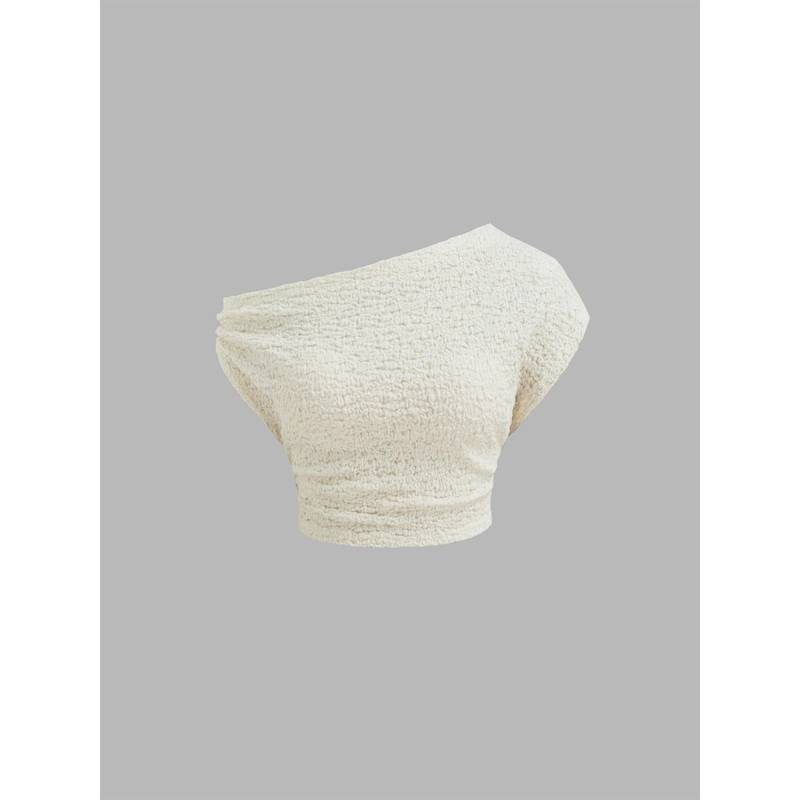 Buy Cider White Asymmetrical Neck Solid Ruched Crop Top Online Buy Cider White Asymmetrical Neck Solid Ruched Crop Top Online