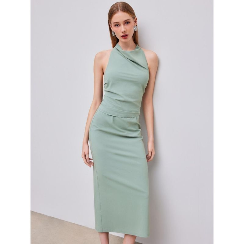 Cider Pale Green Cotton Blend Halter Mid Rise Co-Ord (Set of 2) (S)