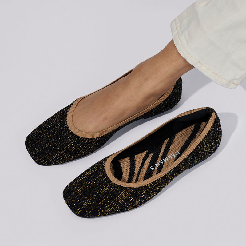 Neeman's Metallic Square Flat Ballerinas - Black & Gold (UK 3)