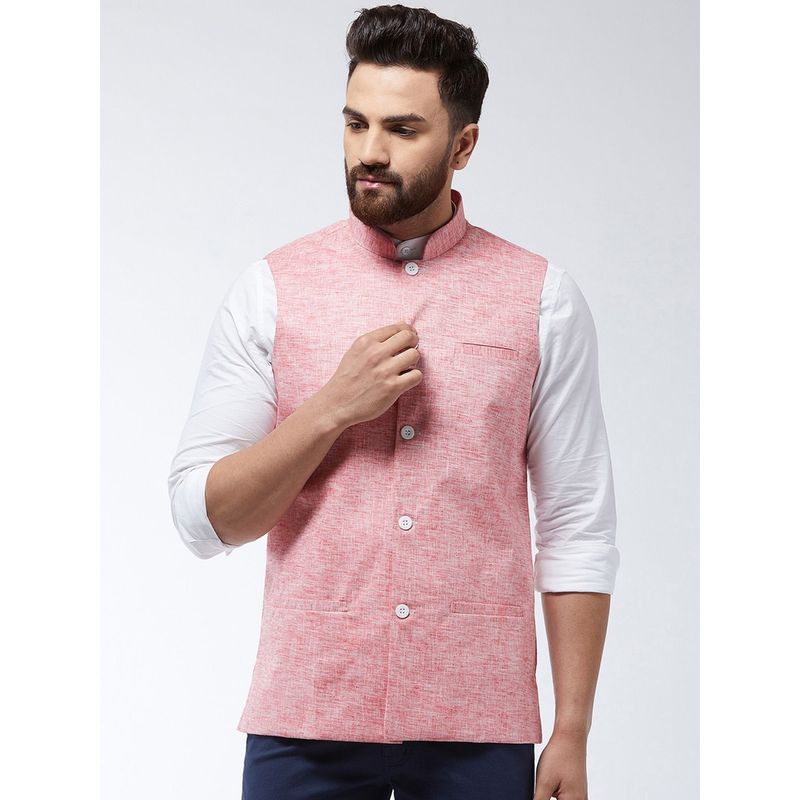 SOJANYA Cotton Linen Blend Coral Nehru Jacket (2XL)