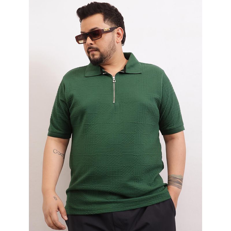 Buy UNSTD Men Plus Size Green Checked Textured Zipper Polo T-Shirt