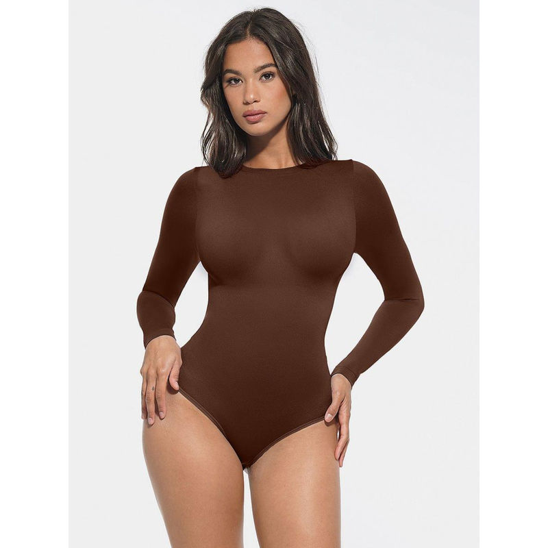 Shop The Edit Seamless Round Neck Sculpting Waist Bodysuit Brown (M)