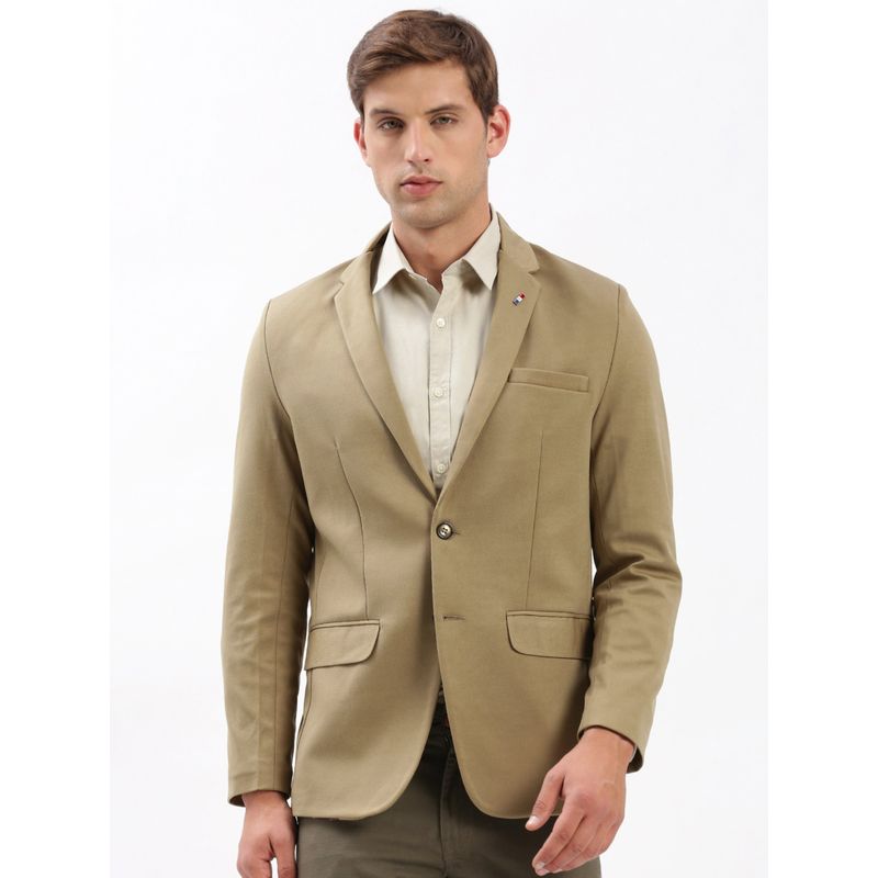 SHOWOFF Mens Notched Lapel Solid Khaki Single-Breasted Blazer (S)