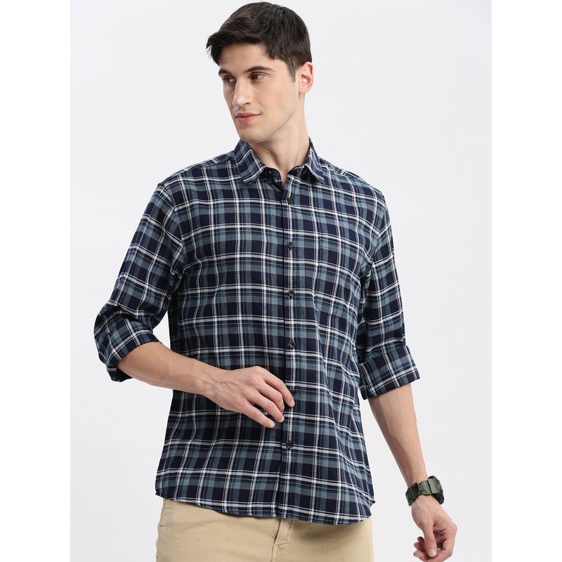SHOWOFF Mens Long Sleeves Spread Collar Tartan Checks Navy Blue Slim Fit Shirt (L)