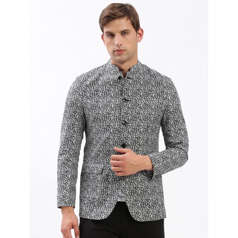 SHOWOFF Mens Mandarin Collar Printed Black Bandhgala Blazer (L)