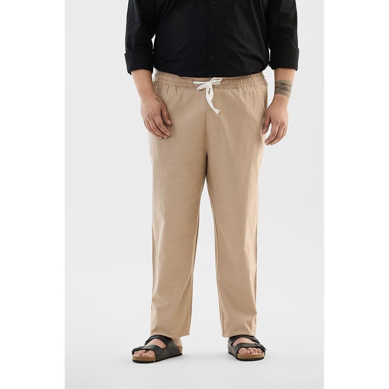 Snitch Beige Solid Regular Plus Size Trouser For Men (46)