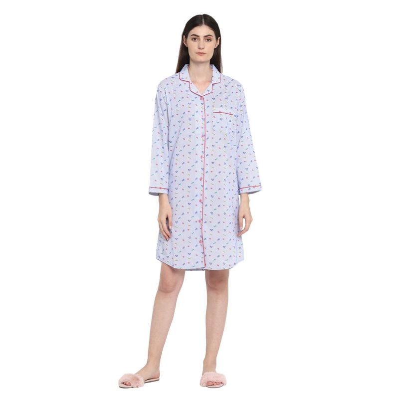 Shopbloom Stripe Print Long Sleeve Women's Sleep Shirt - Blue (XS)
