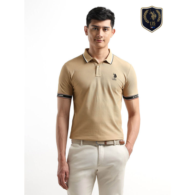 U.S. POLO ASSN. Men Beige Regular Fit Textured Polo T-Shirt (S)