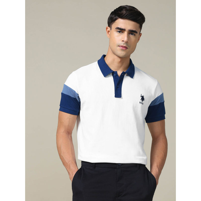 U.S. POLO ASSN. Men White Colourblock Regular Fit Polo T-Shirt (L)