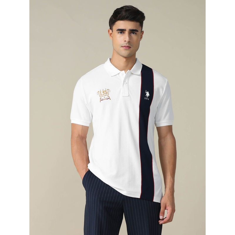 U.S. POLO ASSN. Men White Colourblock Regular Fit Polo T-Shirt (L)