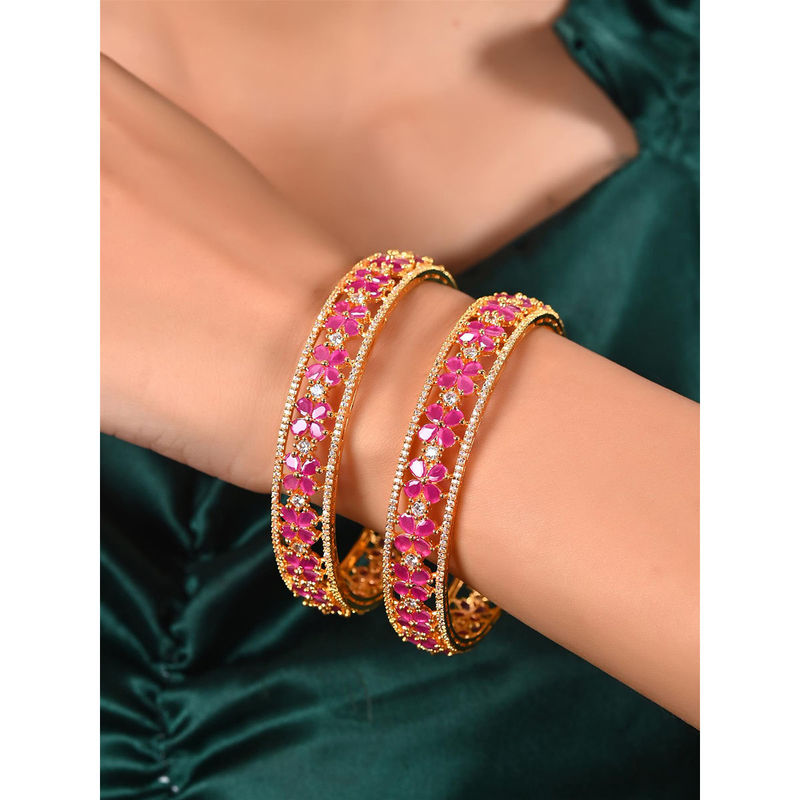Ratnavali Jewels Gold Plated Red American Diamond Cz Floral Kada Bangle (2.6)