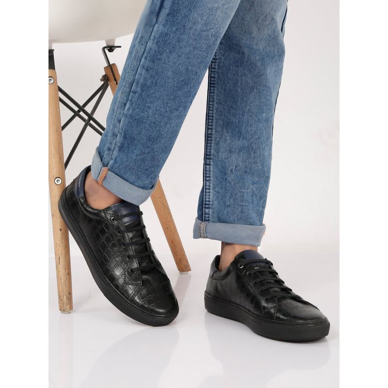 Buy Teakwood Men Stylish Black Lace Up Texture Leather Sneakers Online