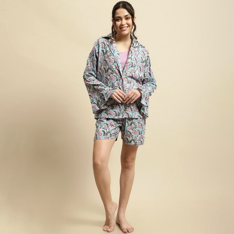 Secret Wish Womens Sky Blue & Purple Sanganeri Floral Print 3-Piece Co-Ord (Set of 3) (S)