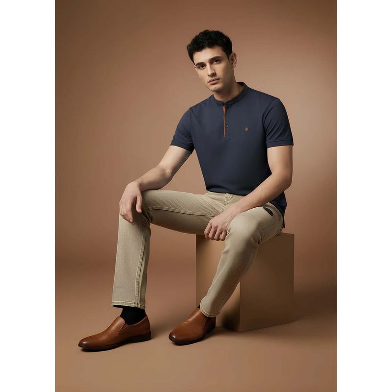 OUTERWORLD Blue Solid Mandarin Neck Men's T-Shirt (XL)