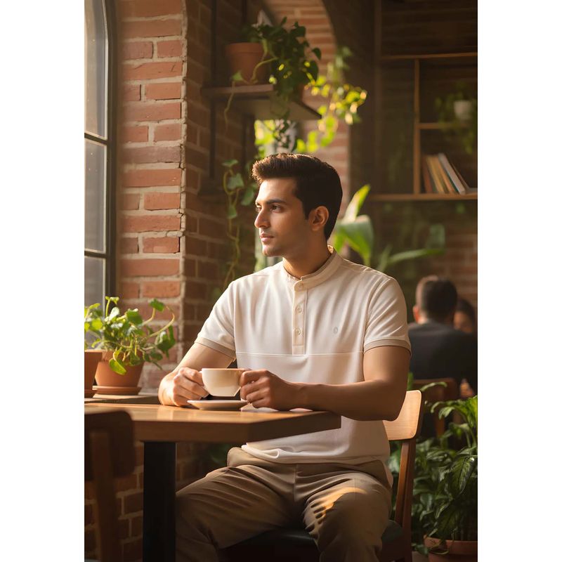 OUTERWORLD White Solid Mandarin Neck Men's T-Shirt (M)