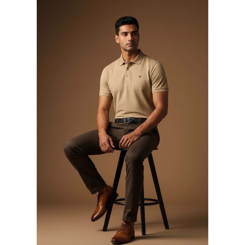 OUTERWORLD Beige Half Sleeve Solid Collar Neck Men's Polo T-Shirt (M)