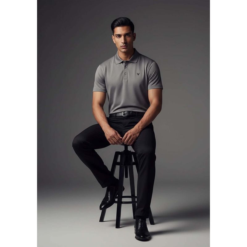 OUTERWORLD Grey Solid Collar Neck Men's Polo T-Shirt (M)