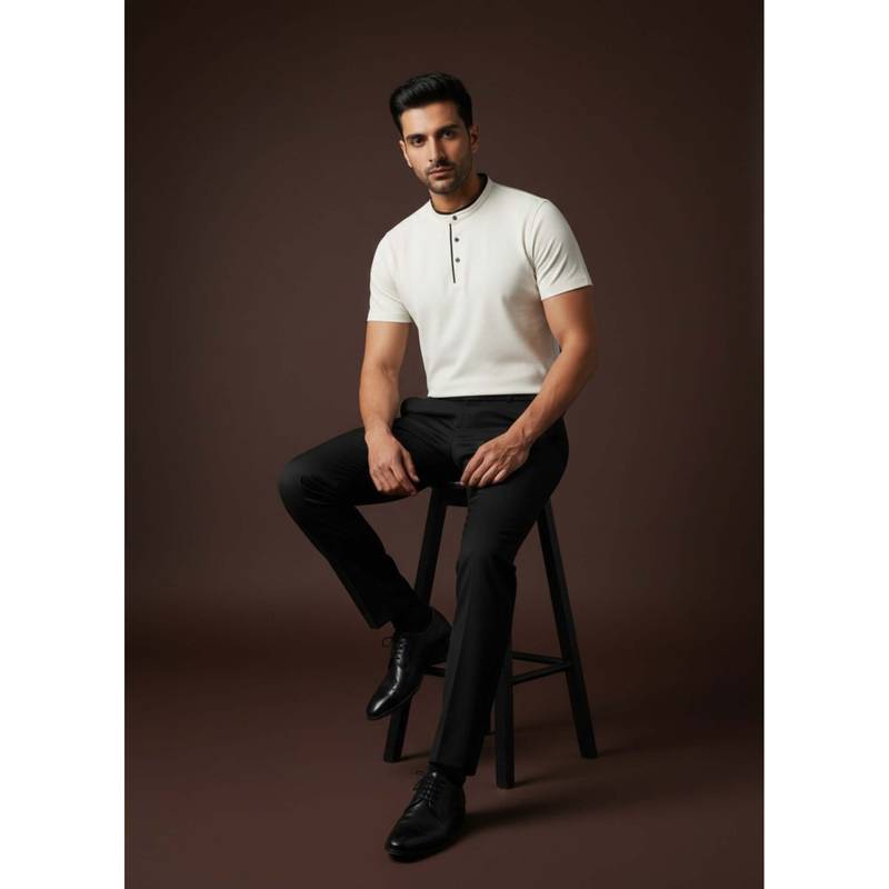OUTERWORLD Men's White Solid Mandarin Neck T-Shirt (S)