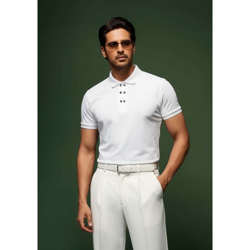OUTERWORLD Solid Collar Neck White Men's Half Sleeves Polo T-Shirt (S)