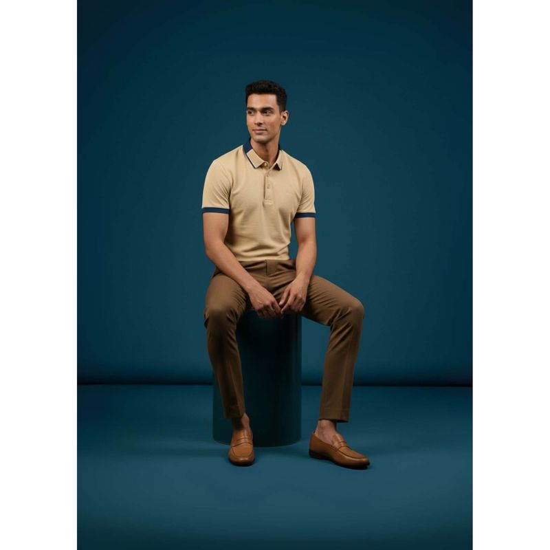 OUTERWORLD Beige Solid Button Fly Polo T-Shirt (S)