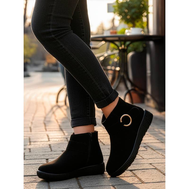 ELLE Women Black Zipper Accent Ankle Boots (EURO 37)