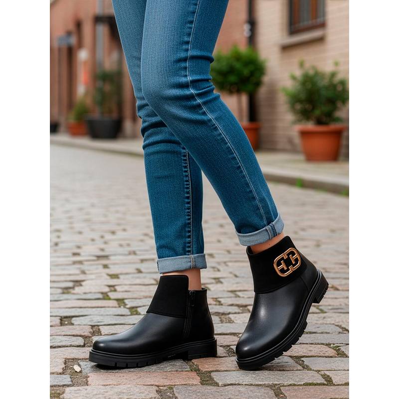 ELLE Women Black Chic Dual Texture Ankle Boots (EURO 36)