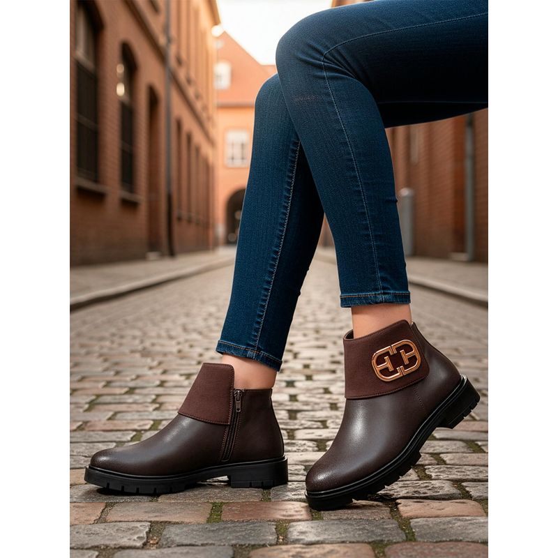 ELLE Women Brown Chic Dual Texture Ankle Boots (EURO 36)