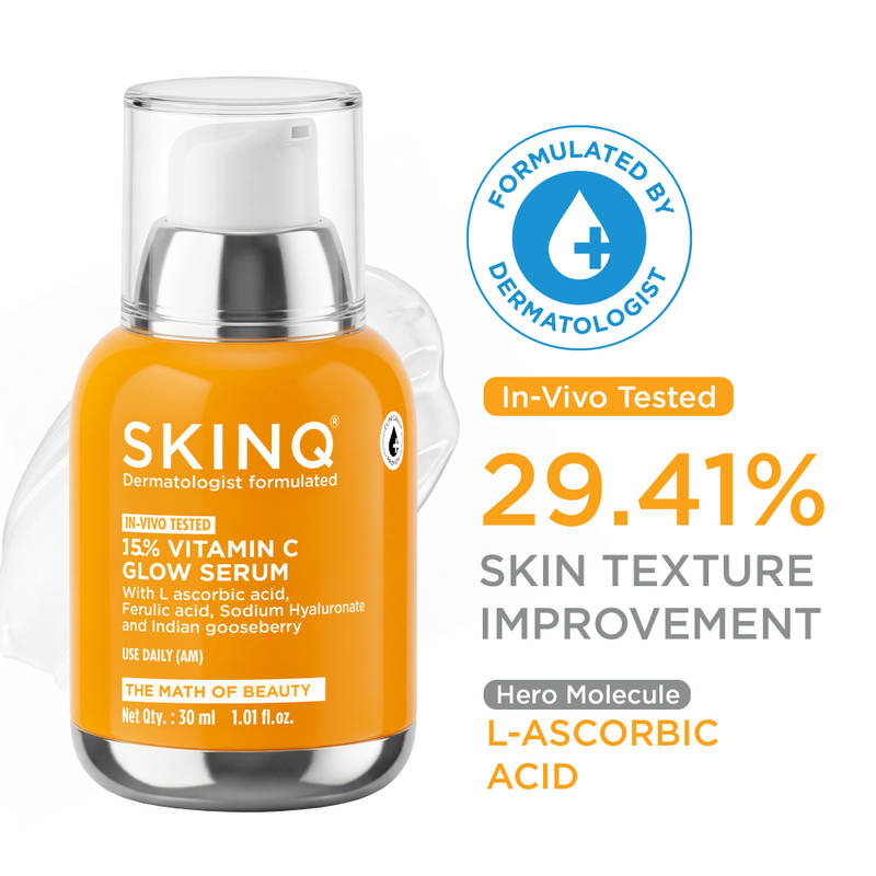 SKINQ 15% Vitamin C Detan Face Serum for Dark Spots & Dull Skin, Brightens & Evens Skin Tone