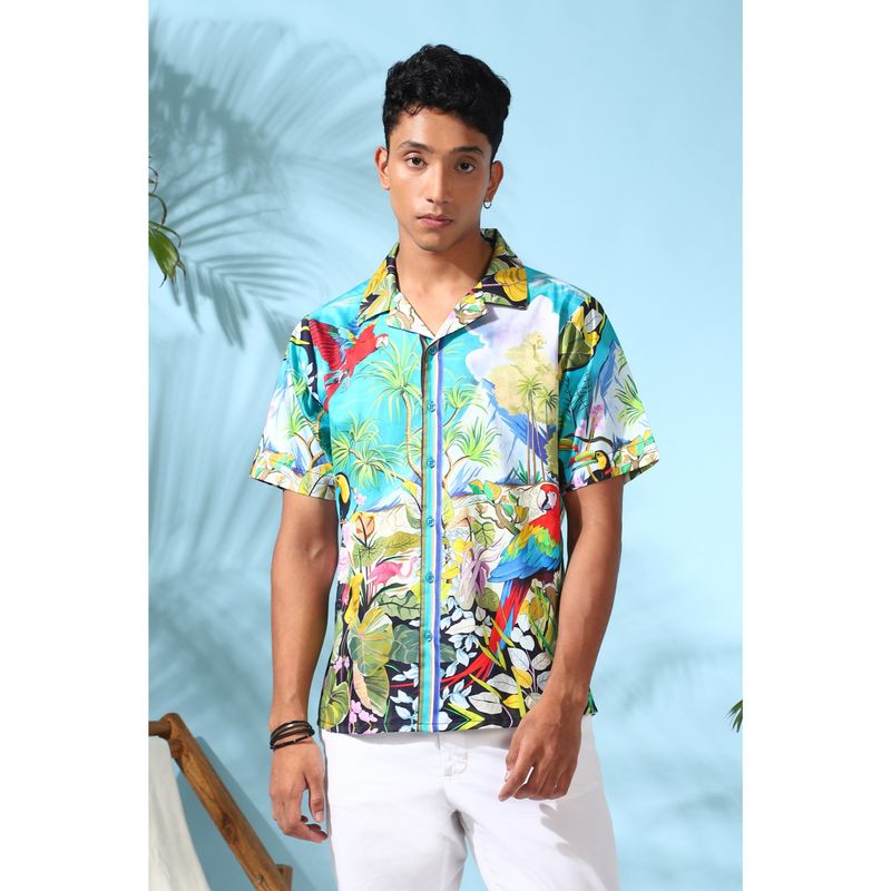Loudless Red Macaw Cuban Collar Printed Half Sleeves Shirt for Men (L)