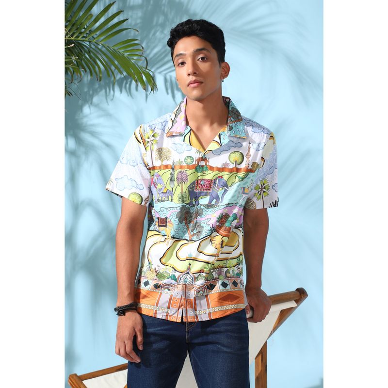 Loudless Fort Cuban Collar Printed Half Sleeves Shirt for Men (S)