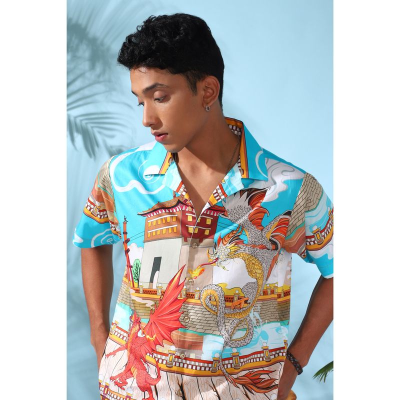 Loudless Dragon Fight Cuban Collar Printed Half Sleeves Shirt for Men (M)