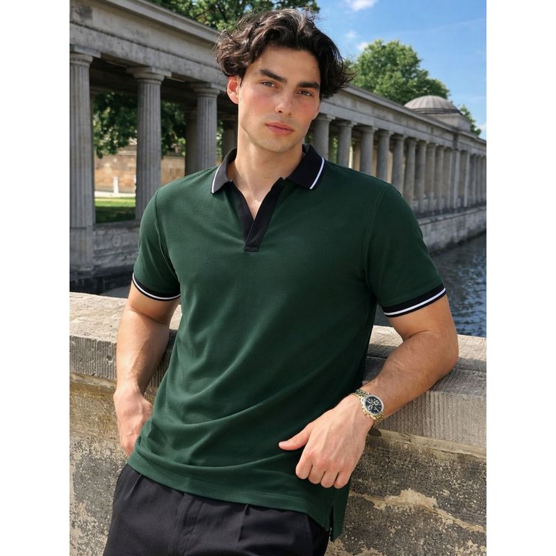 RIGO Men Solid Bottle Green Polo Collar Regular Fit Half Sleeve Cotton Polo T-Shirt (M)