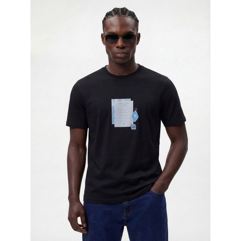 MR BUTTON Men Black Cotton Lycra Regular Fit Printed Round Neck T-Shirt (S)